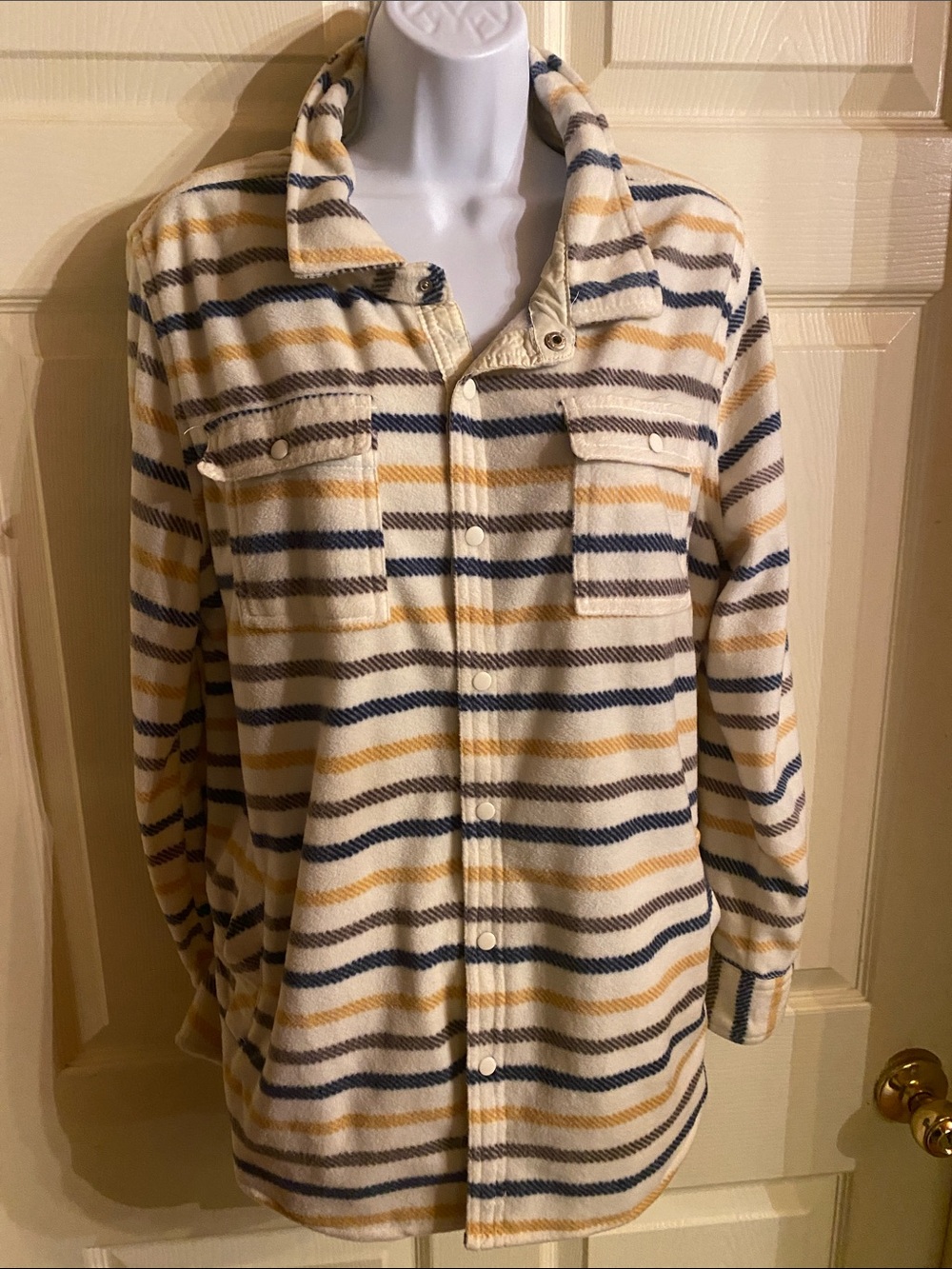 Striped Button-Front Shirt Jacket in Cream, Navy & Mustard